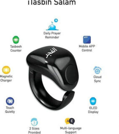 Black ring with features listed on a white background