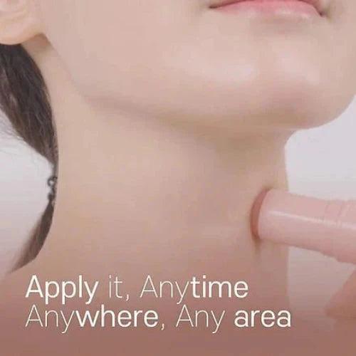 Close-up of a person's neck with text 'Apply it, Anytime, Anywhere, Any area' on a blurred background.