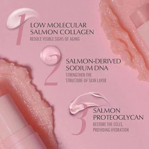 Product advertisement with salmon collagen and DNA on a pink background