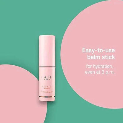 Pink balm stick on a green background with text about hydration.